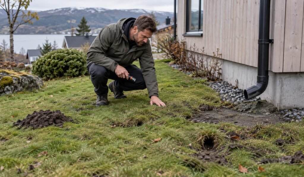 Ujevnt terreng og hull i plenen